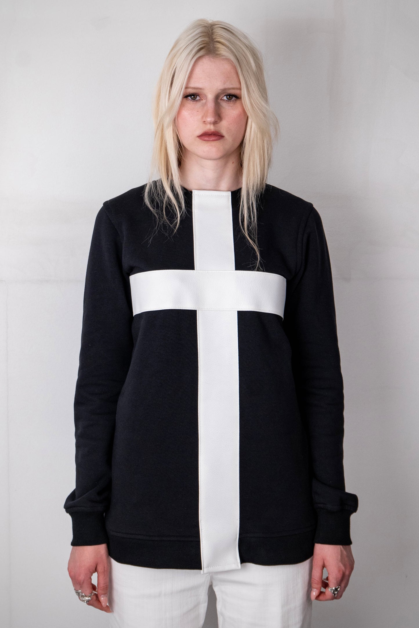 BLACK LEATHER CROSS SWEATER